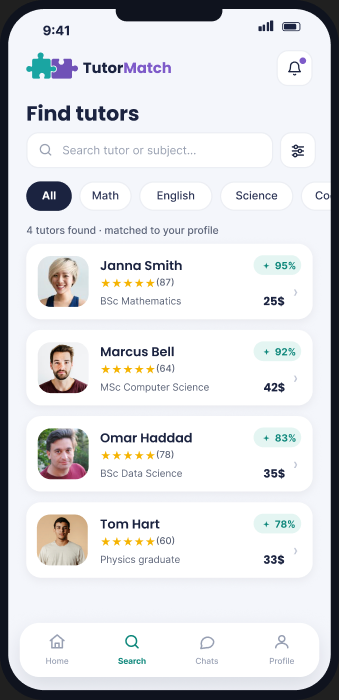 Final visual design of the Find tutors screen
