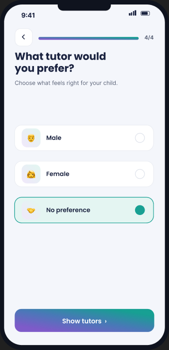 Final visual design of the Tutor preference screen
