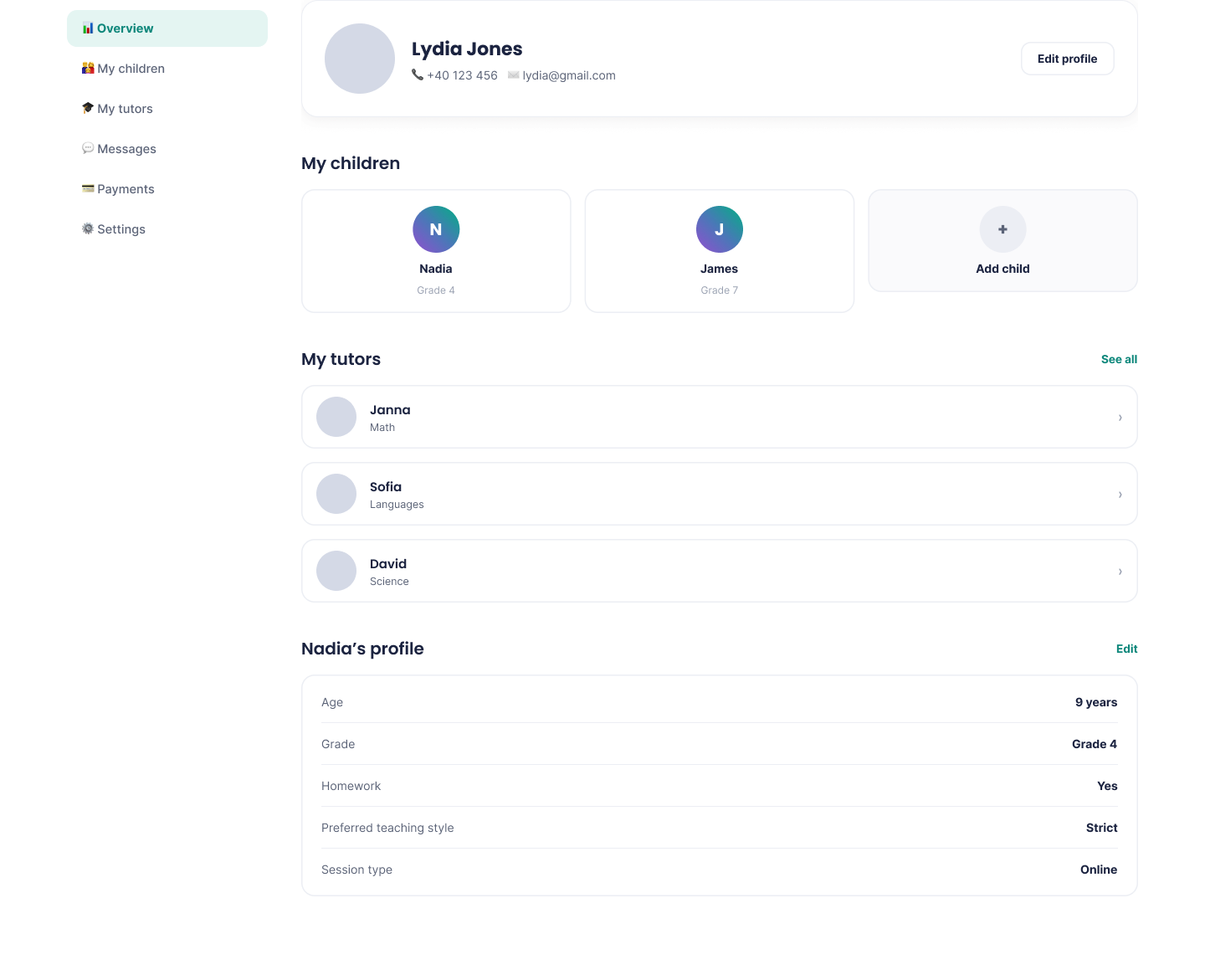 Responsive website Dashboard page for TutorMatch