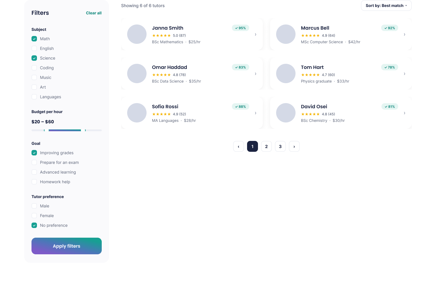 Responsive website Find tutors page for TutorMatch