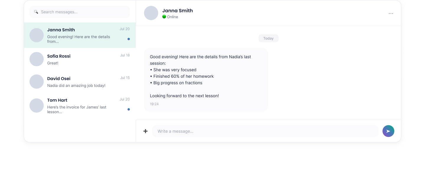 Responsive website Messages page for TutorMatch