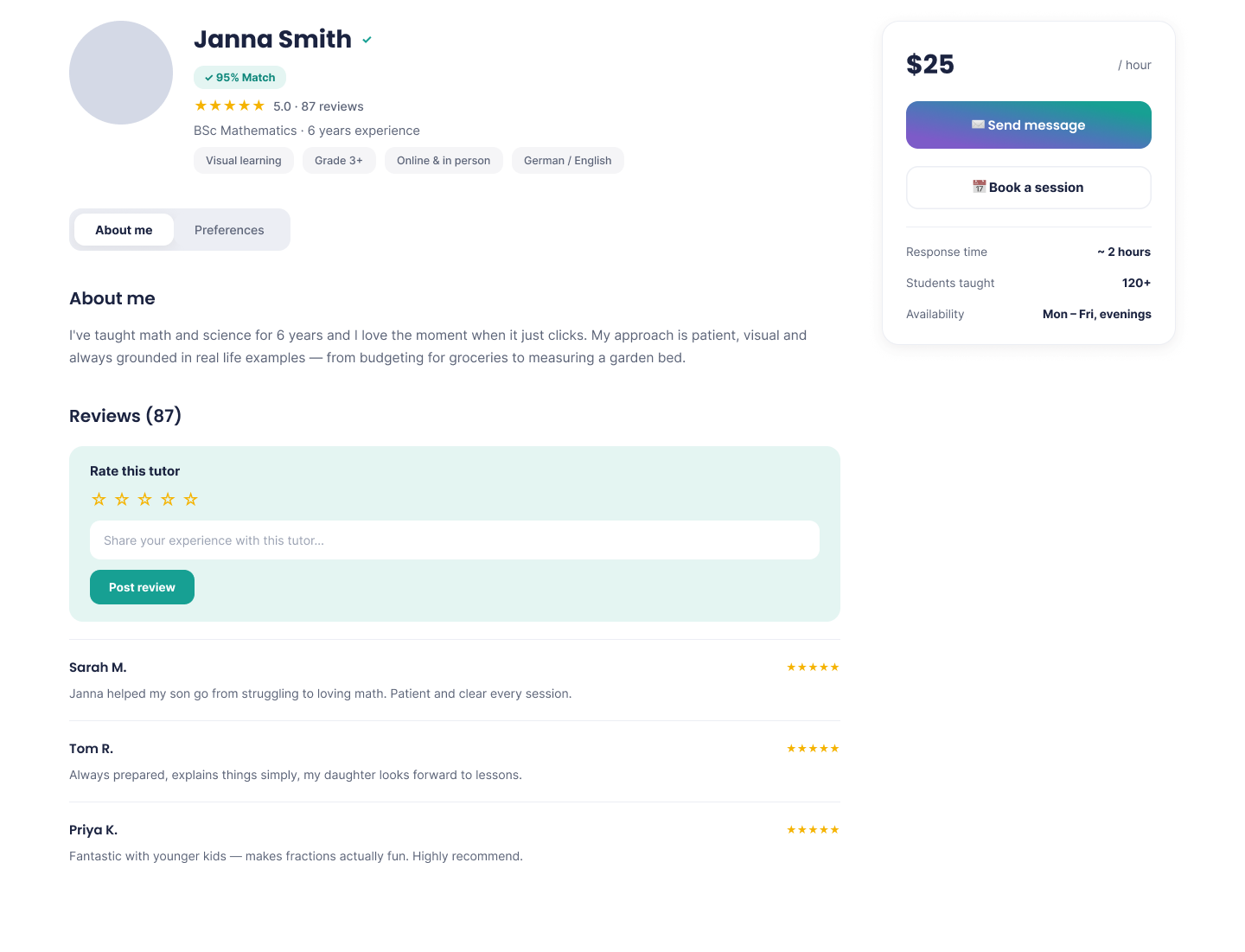 Responsive website Tutor profile page for TutorMatch