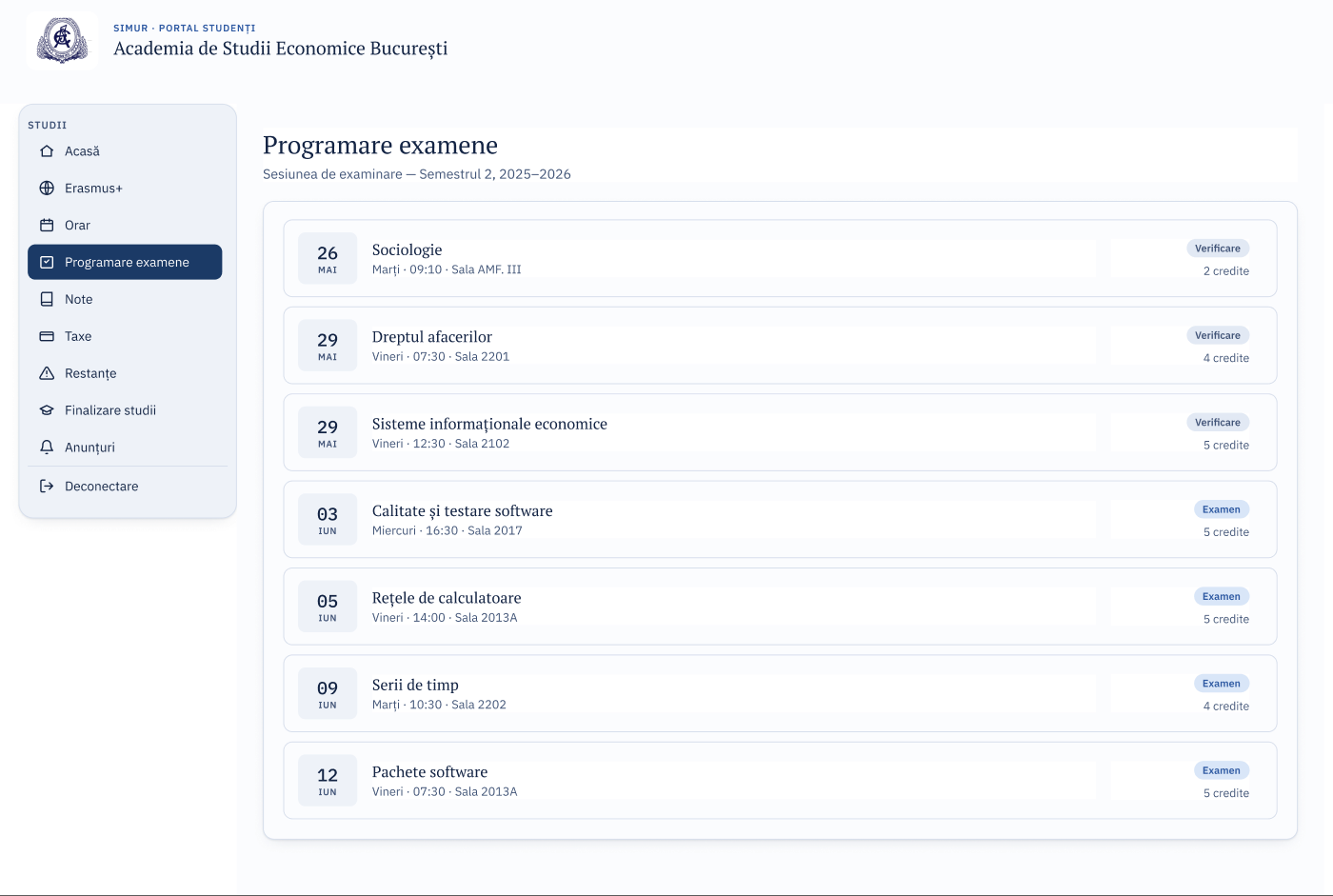 Exams screen, redesigned