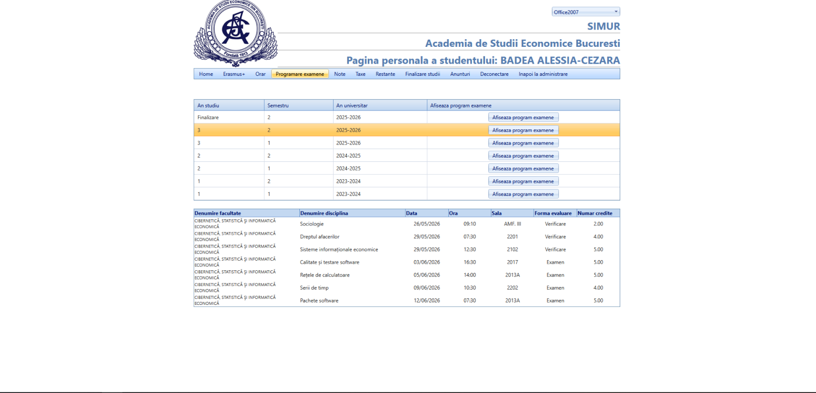 Exams screen, original interface