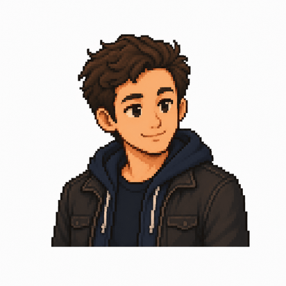 Pixel-art portrait of Jake, a young man with curly hair in a dark jacket