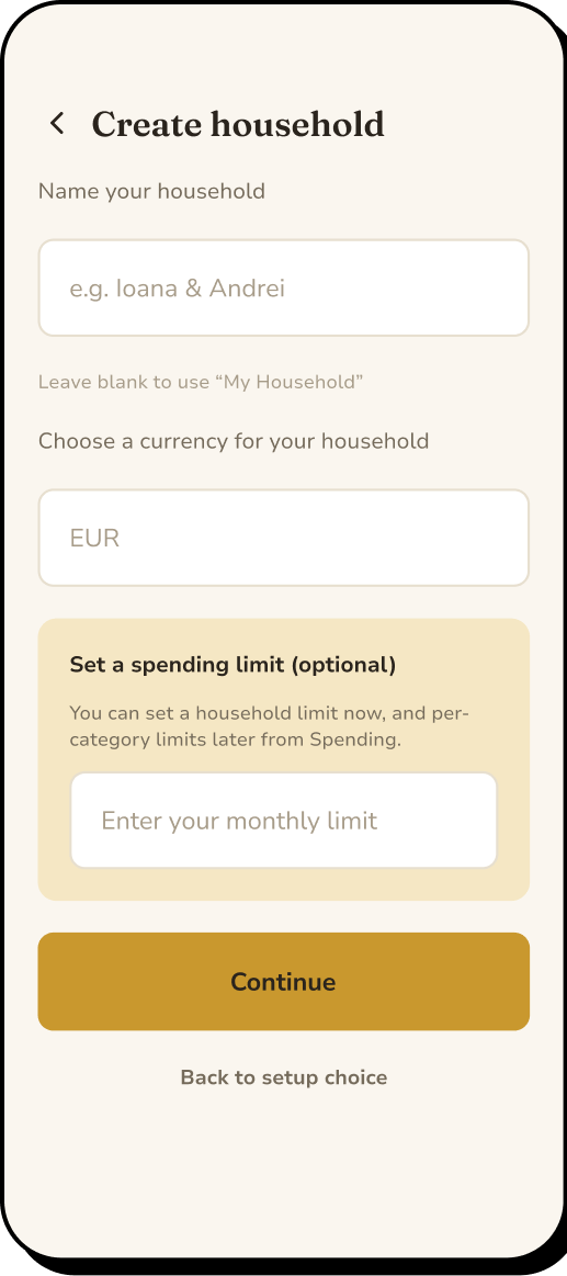 4 of 15. Create household: name it, choose a currency, and optionally set a monthly spending limit