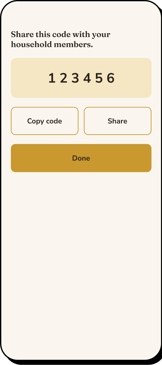 5 of 15. Invite code: a six-digit code to share, with copy and share buttons