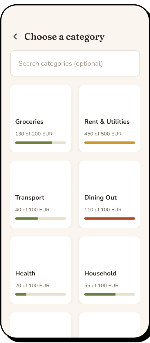 9 of 15. Category picker: a searchable list of the fourteen categories