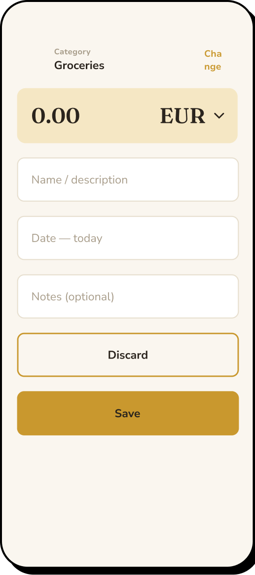 10 of 15. Log form: amount, category, date and notes