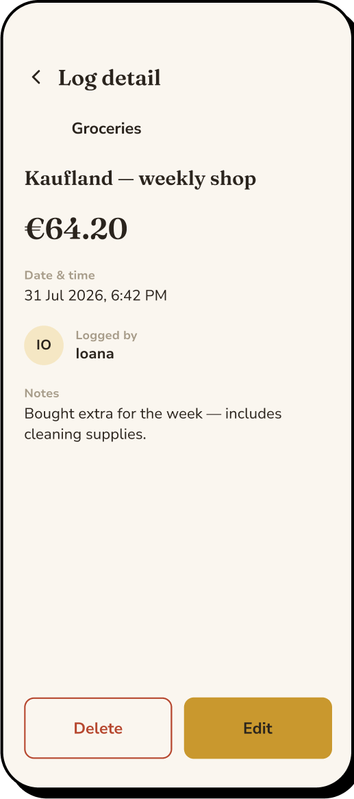 12 of 15. Log detail: the shop, the amount, when it was logged and by whom