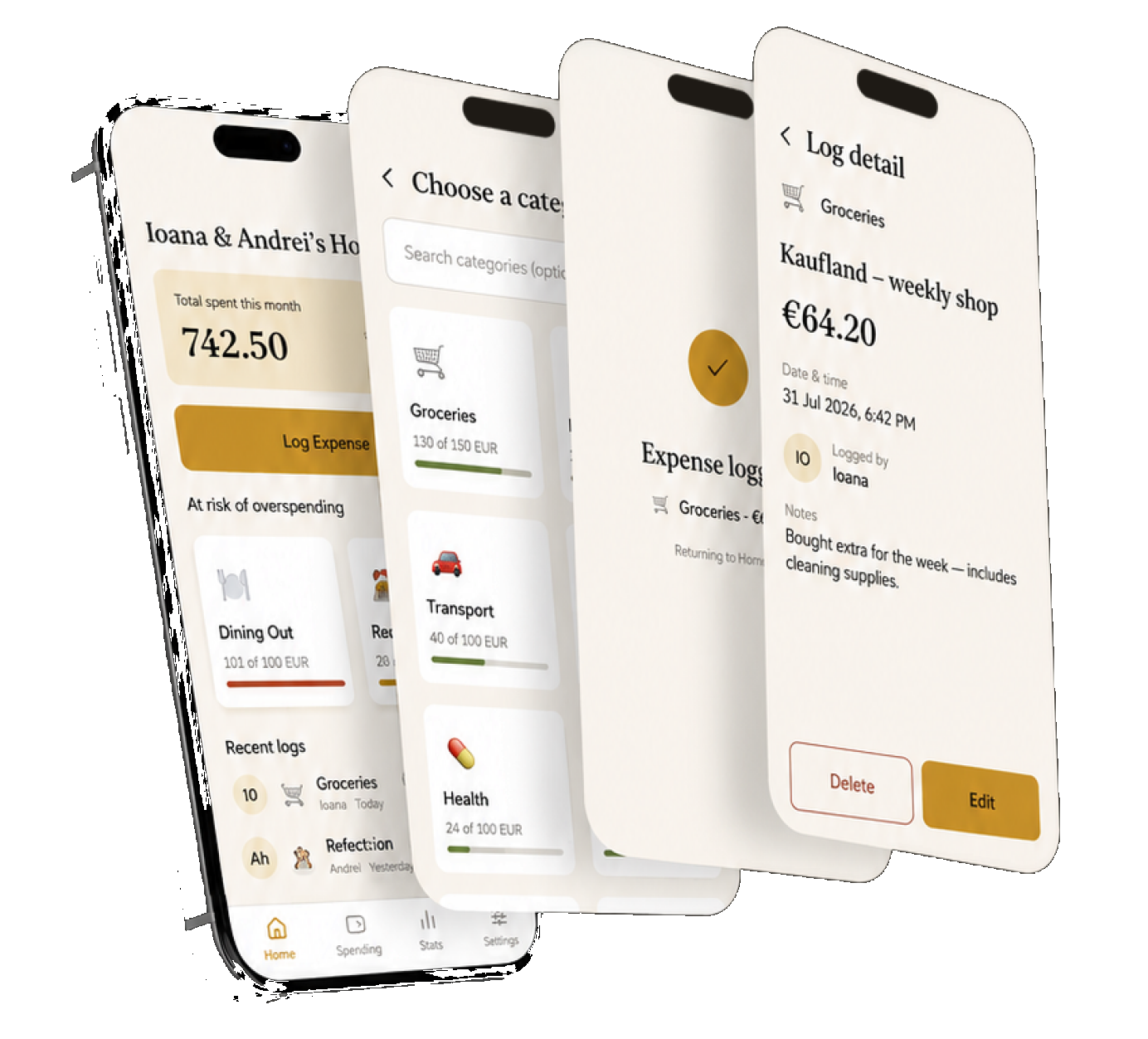 Four Bănuț app screens: household overview, category picker, expense logged, and log detail