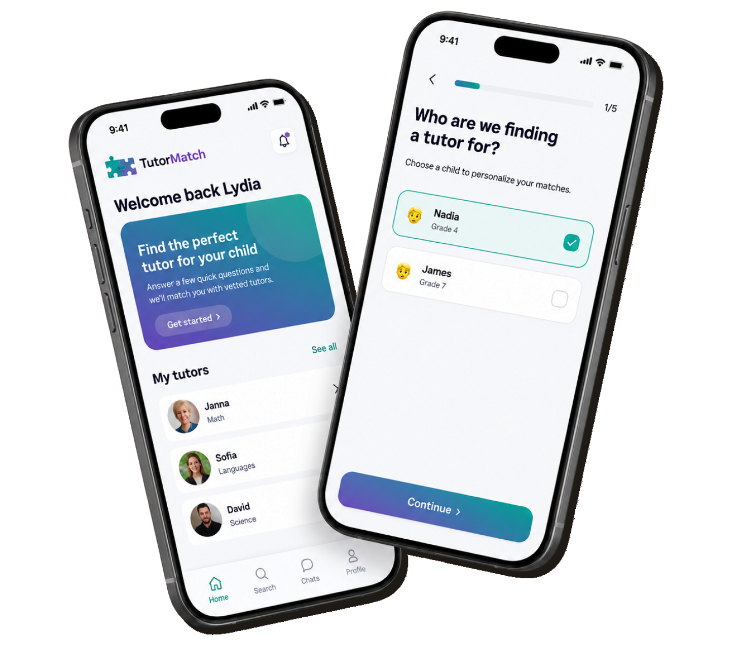 Two TutorMatch app screens: the home dashboard and the matching quiz