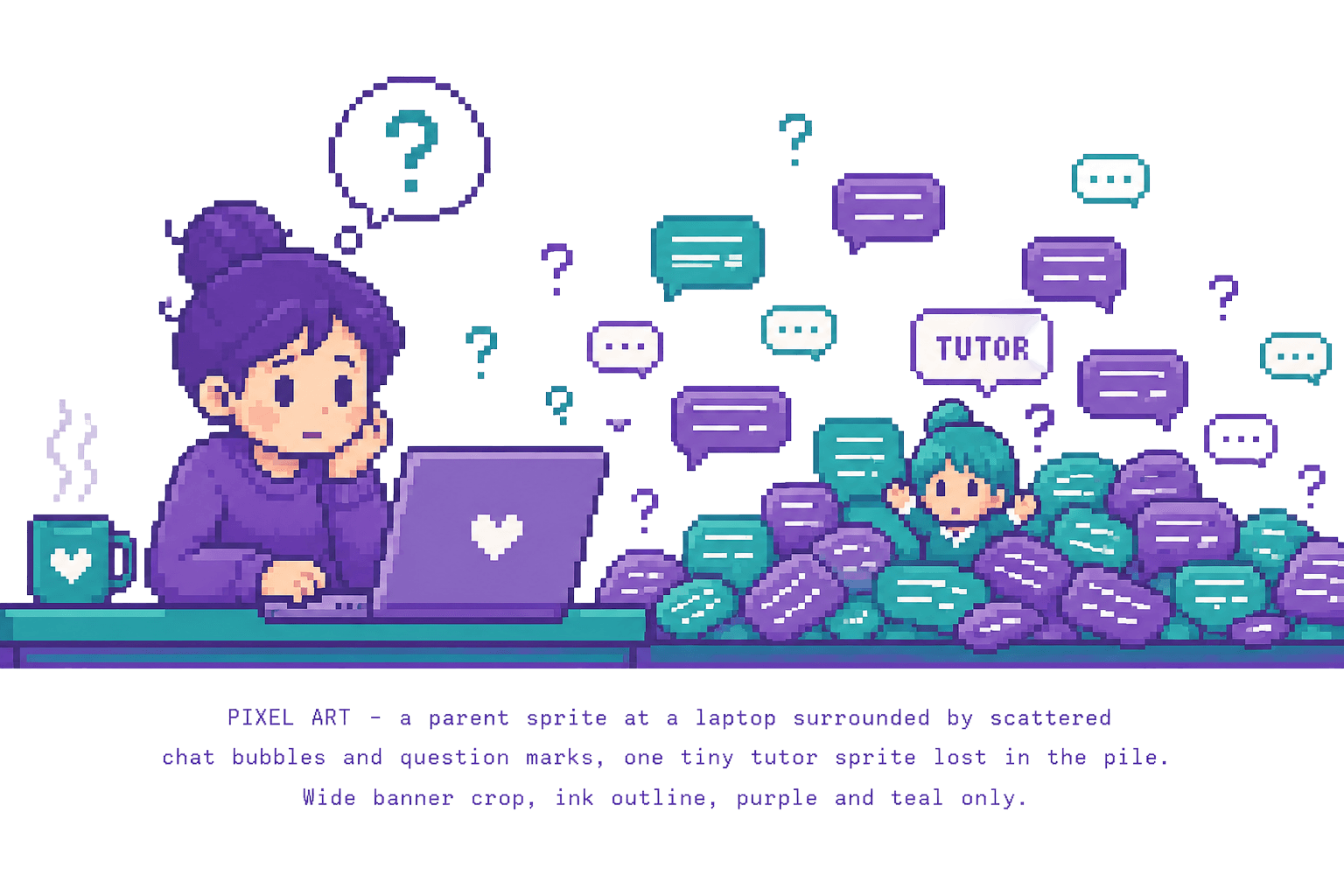 Pixel-art scene of a parent at a laptop, hand on chin, buried under a heap of chat bubbles and question marks