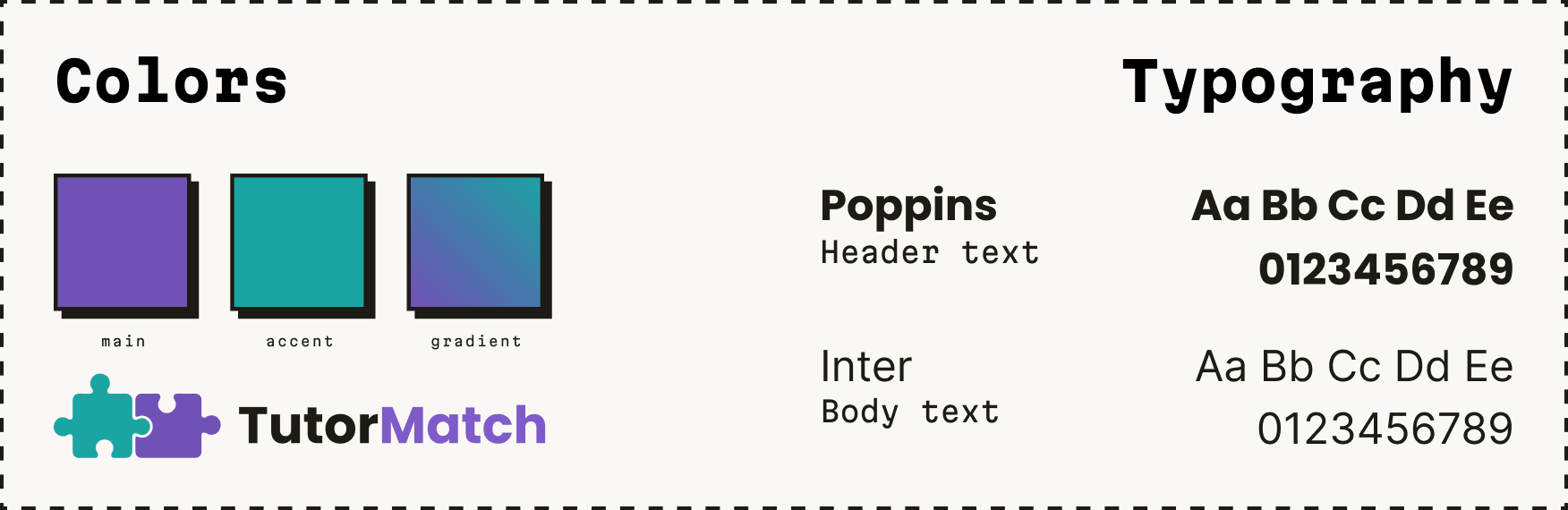 The TutorMatch component library: a violet main colour, a teal accent and a gradient of the two, the puzzle-piece logo, and Poppins for headings with Inter for body text