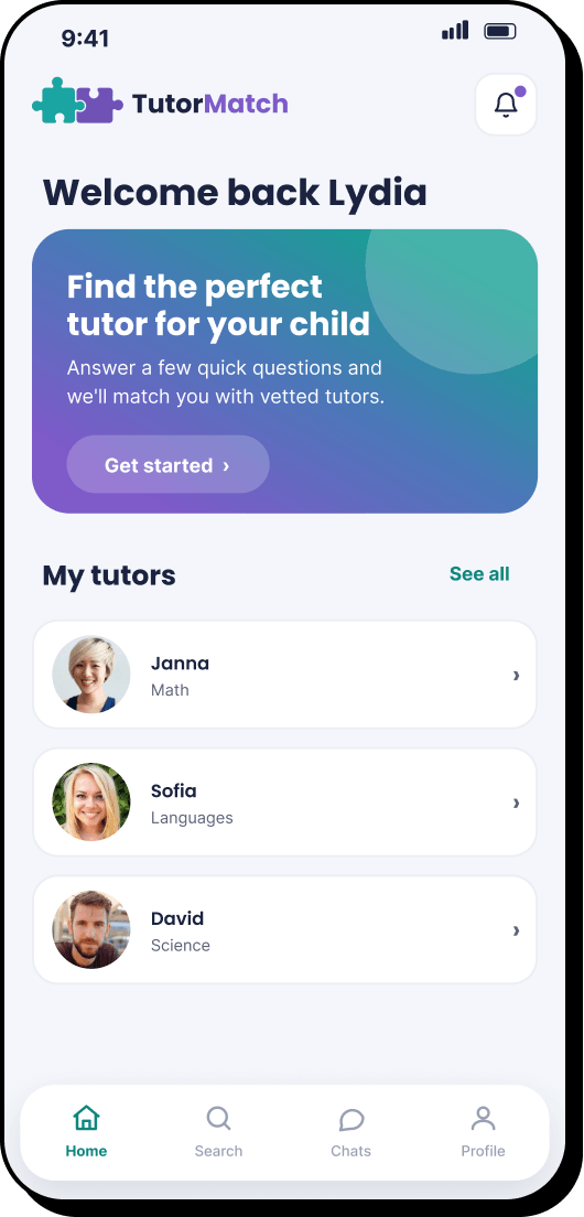 1 of 11. Home dashboard: “Welcome back Lydia”, a card inviting her to find the perfect tutor, and her current tutors