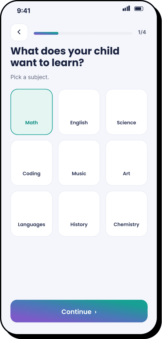 3 of 11. Quiz step: “What does your child want to learn?”, a grid of nine subjects with Math selected