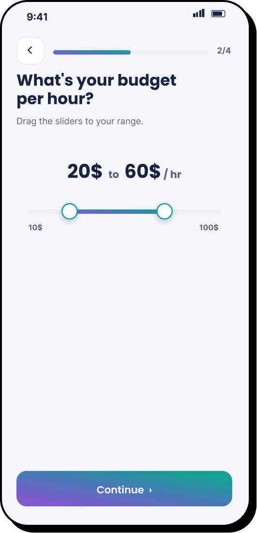 4 of 11. Quiz step two of four: “What’s your budget per hour?”, a range slider set from 20$ to 60$