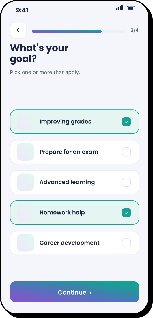 5 of 11. Quiz step three of four: “What’s your goal?”, with improving grades and homework help ticked