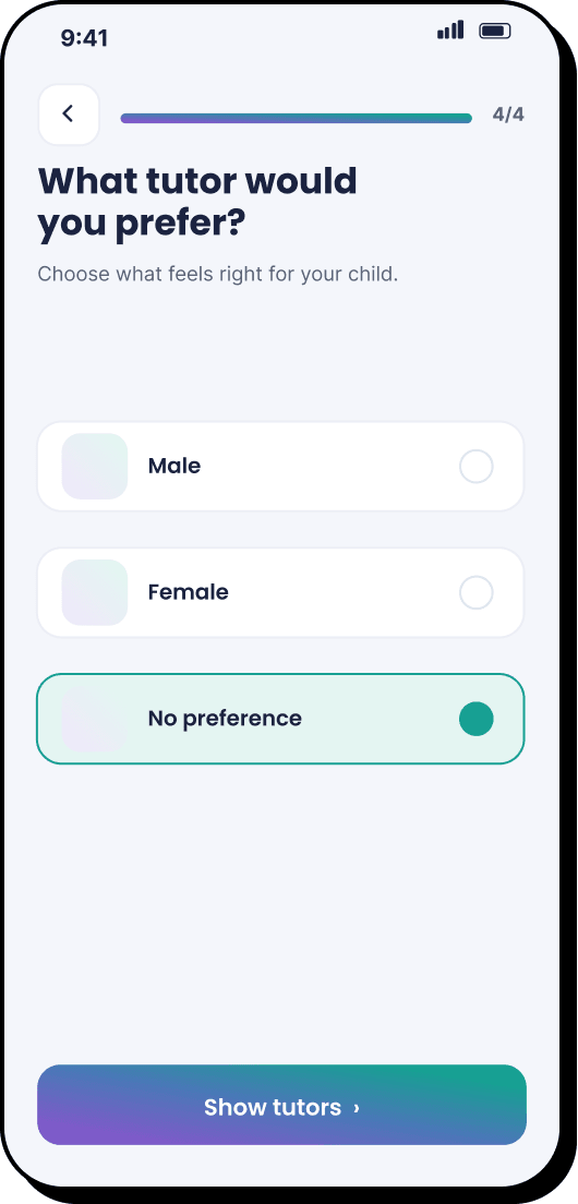 6 of 11. Quiz step four of four: “What tutor would you prefer?”, with no preference selected