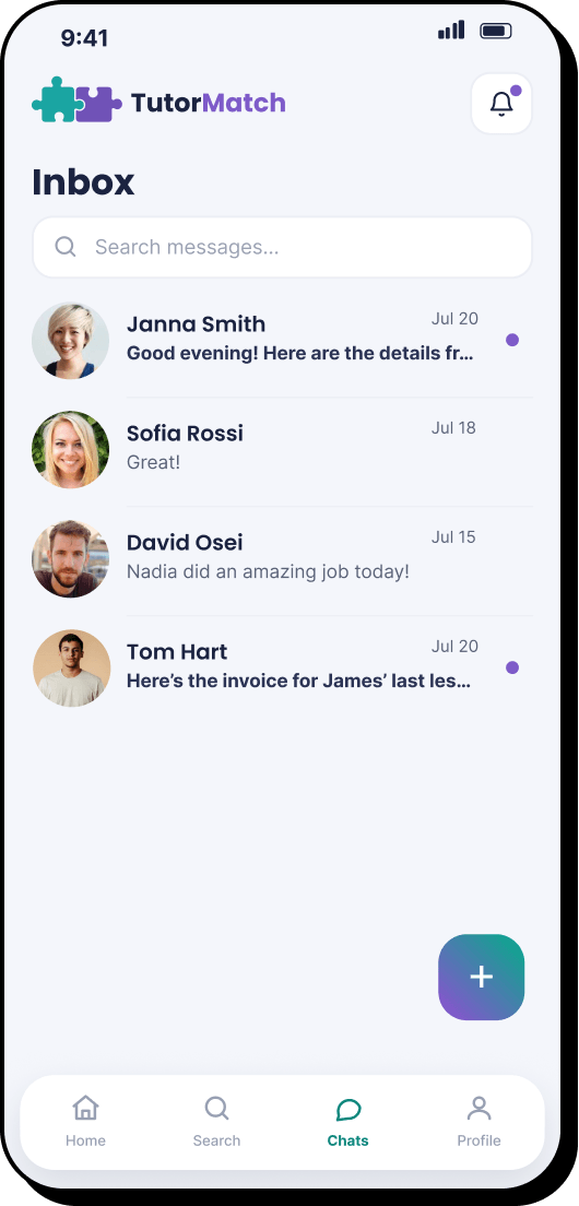 8 of 11. Inbox: four message threads with tutors, two of them unread