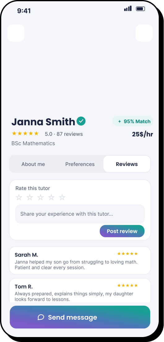 10 of 11. Tutor profile for Janna Smith: 95% match, rating, hourly rate and parent reviews