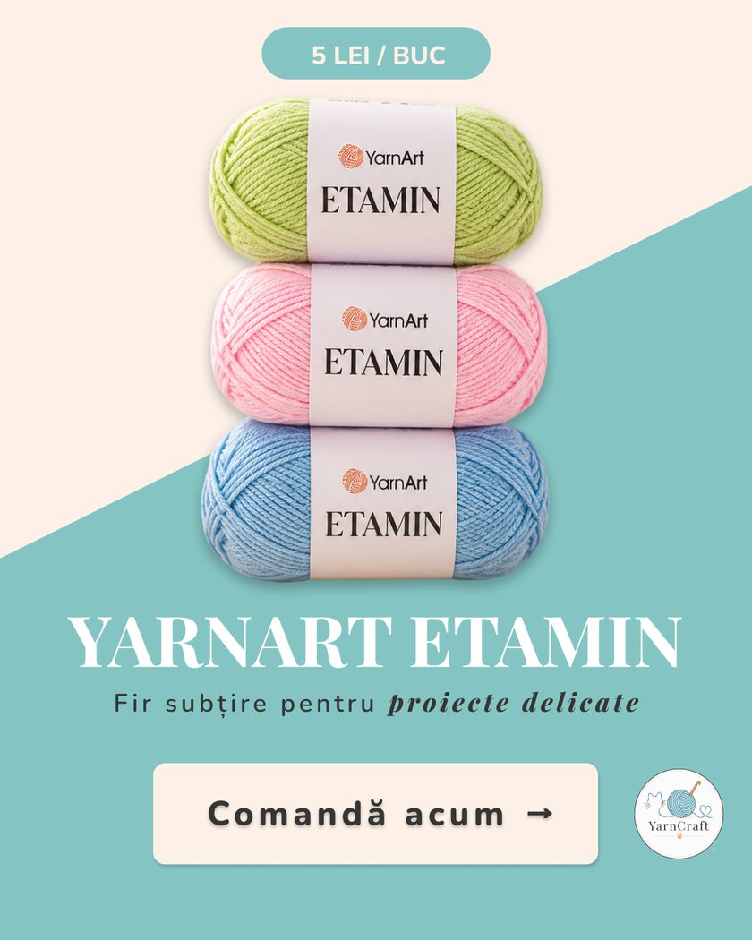 Yarnart Etamin ad: green, pink and blue skeins stacked on a teal and cream split background