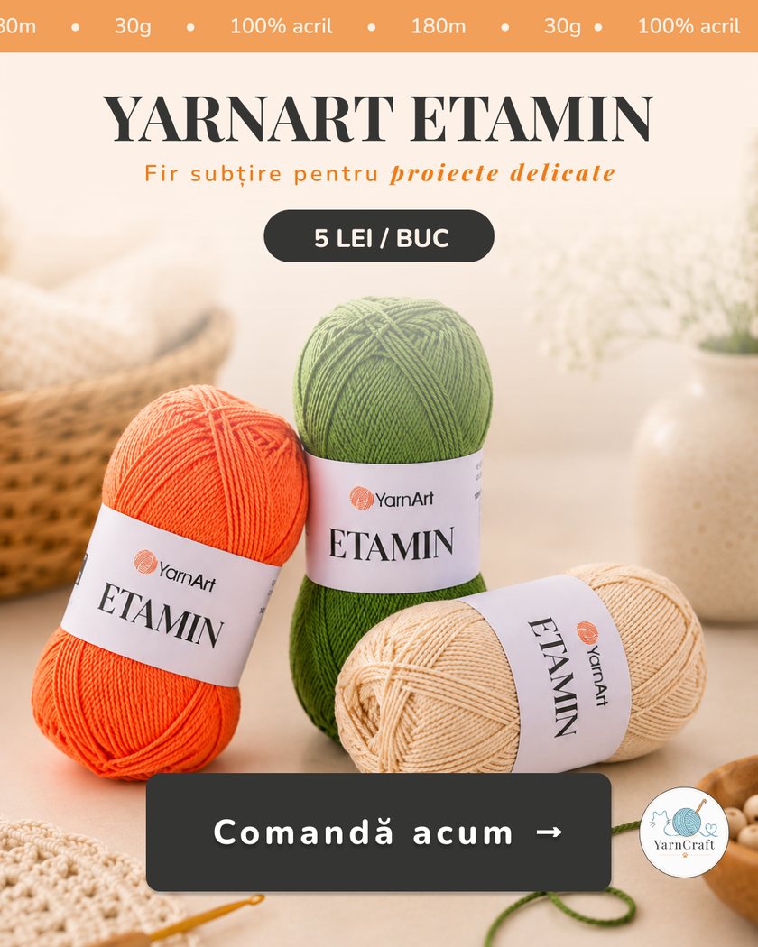 Yarnart Etamin ad: orange, green and cream skeins resting on crochet work