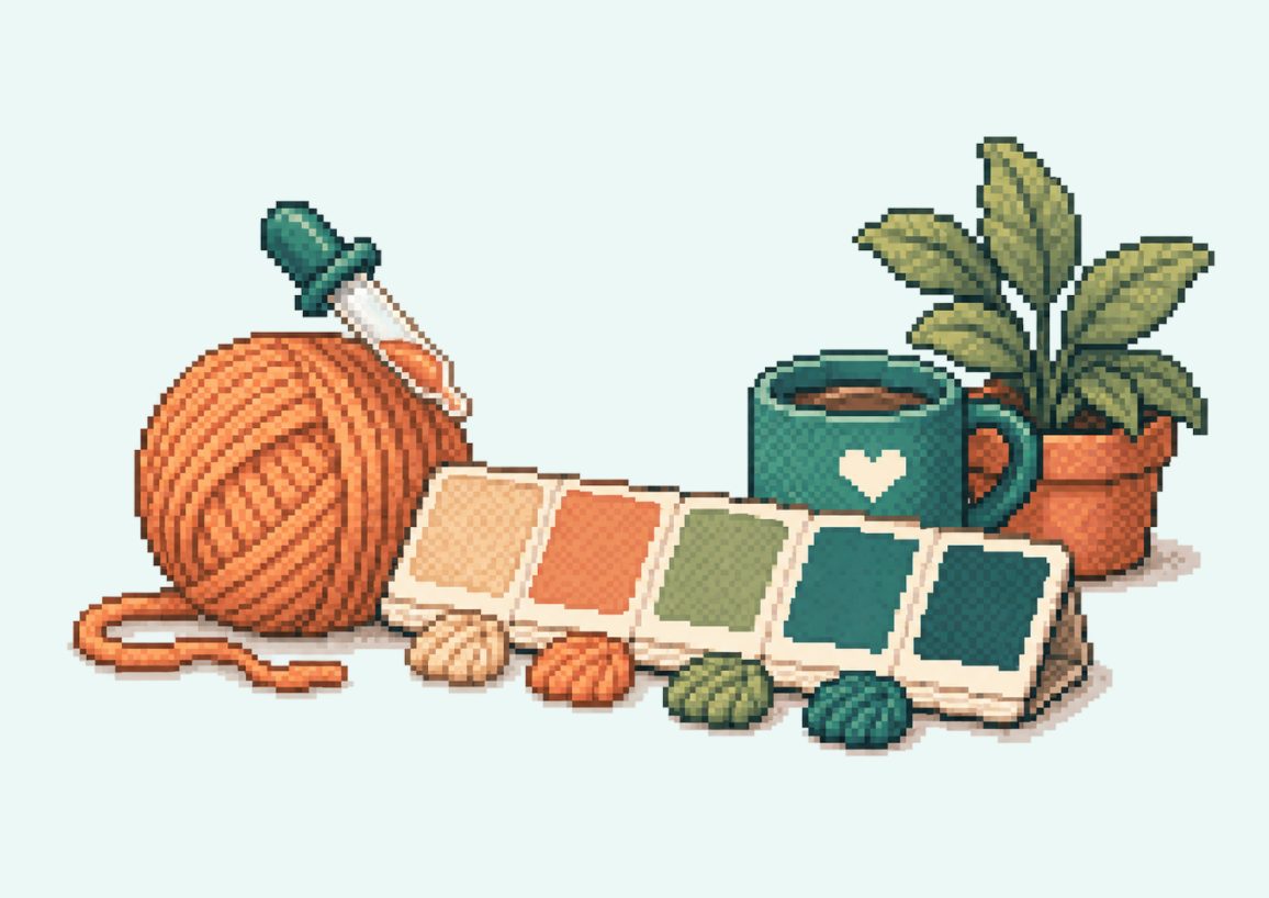 Illustration of a ball of yarn beside a colour palette and a mug